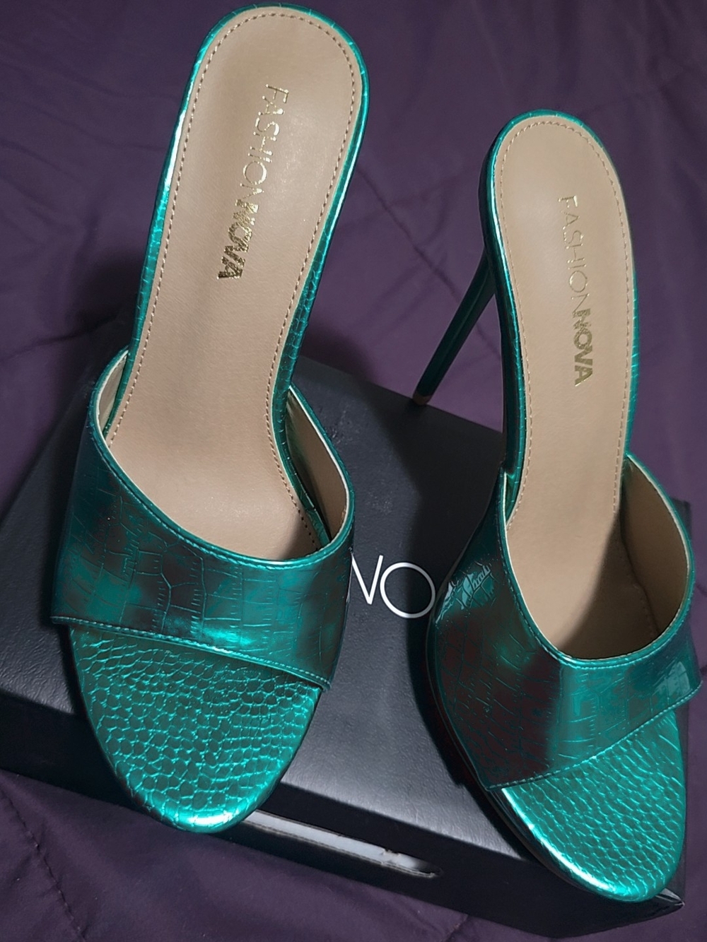 Fashion Nova Metallic Teal Slide Heels